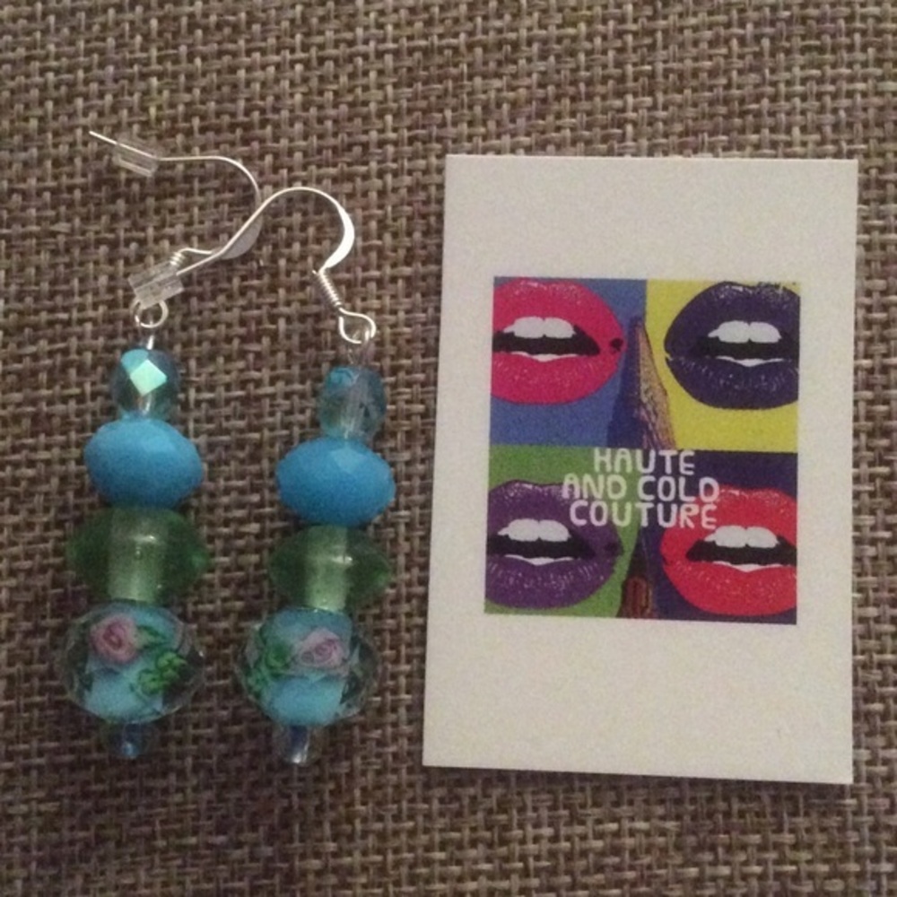 NEW Handmade Blue & Green Floral Glass Earrings